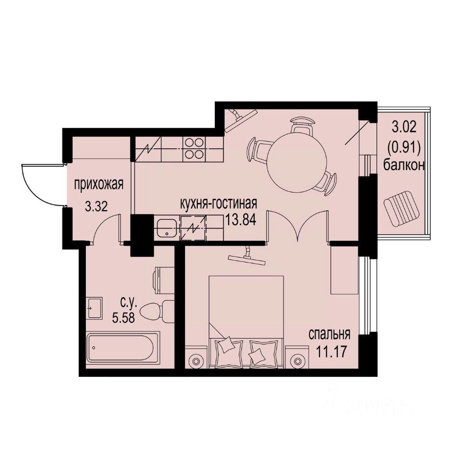 1-комн.кв., 34,8 м², 9/12 этаж