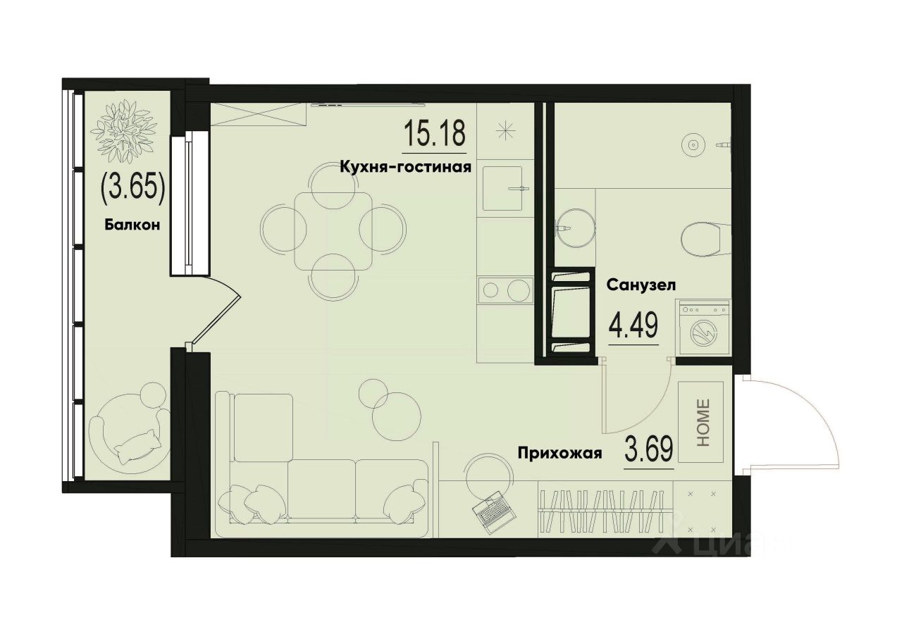 Студия, 24,4 м², 10/12 этаж