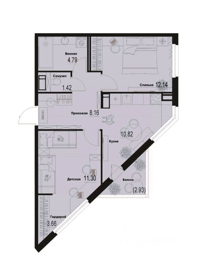 2-комн.кв., 53,2 м², 10/12 этаж
