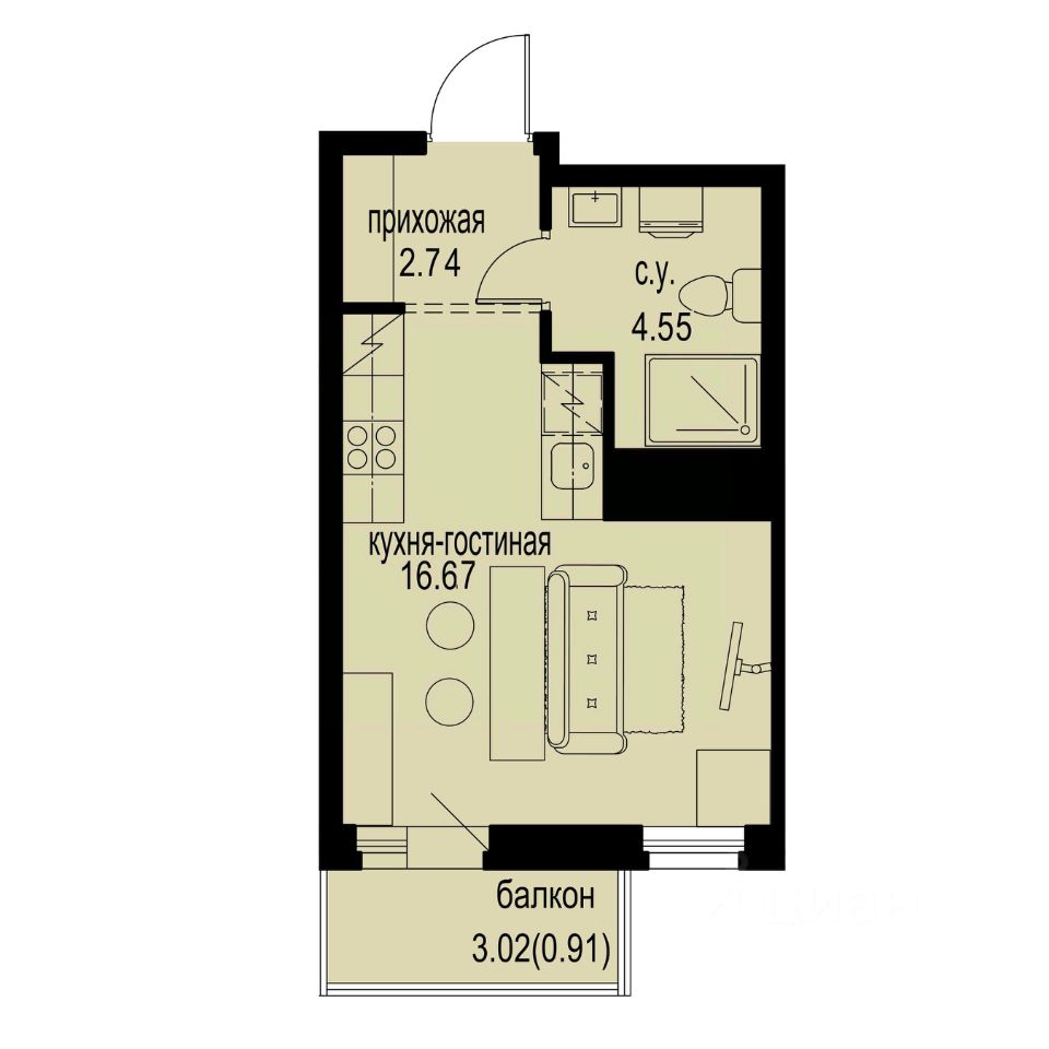 Студия, 24,9 м², 6/12 этаж