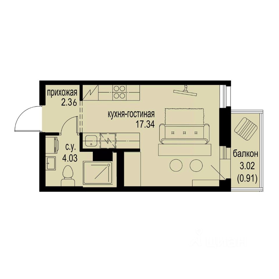 Студия, 24,6 м², 9/12 этаж