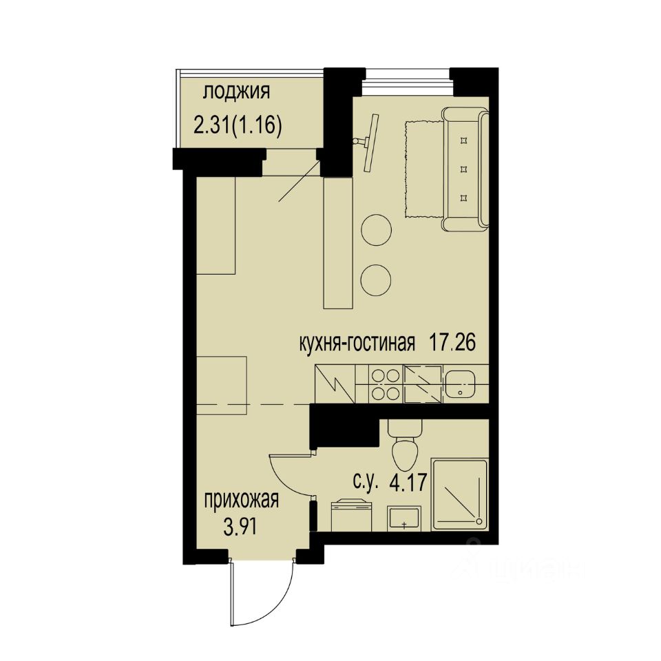Студия, 26,5 м², 6/12 этаж