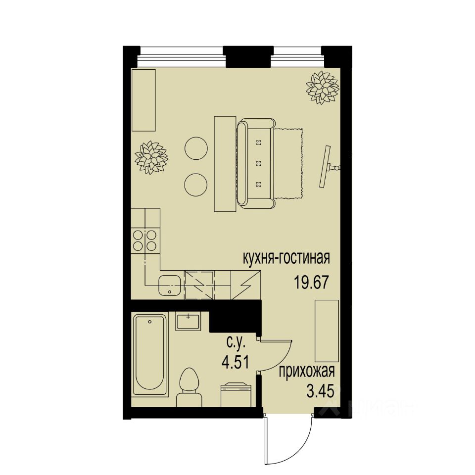 Студия, 27,6 м², 3/12 этаж