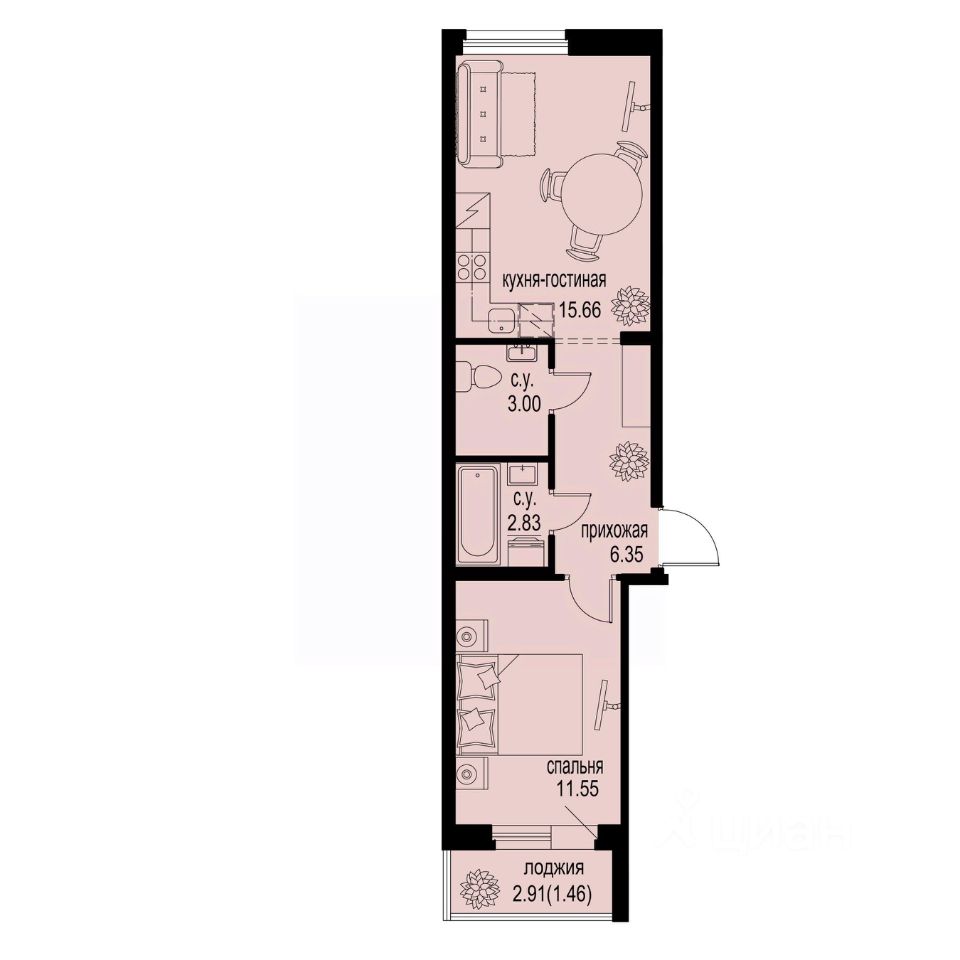 1-комн.кв., 40,9 м², 2/12 этаж