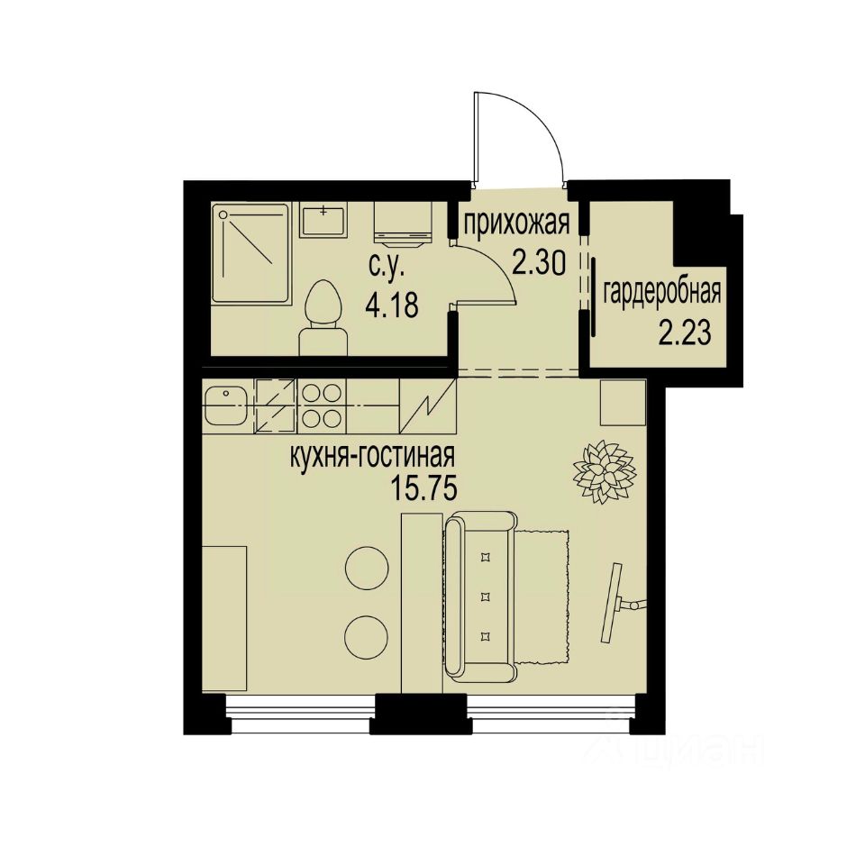 Студия, 24,5 м², 2/12 этаж