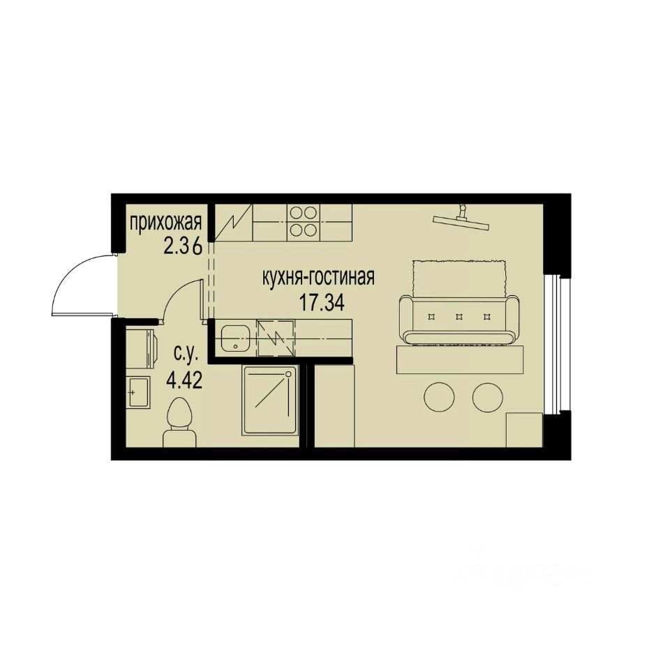 Студия, 24,1 м², 2/12 этаж