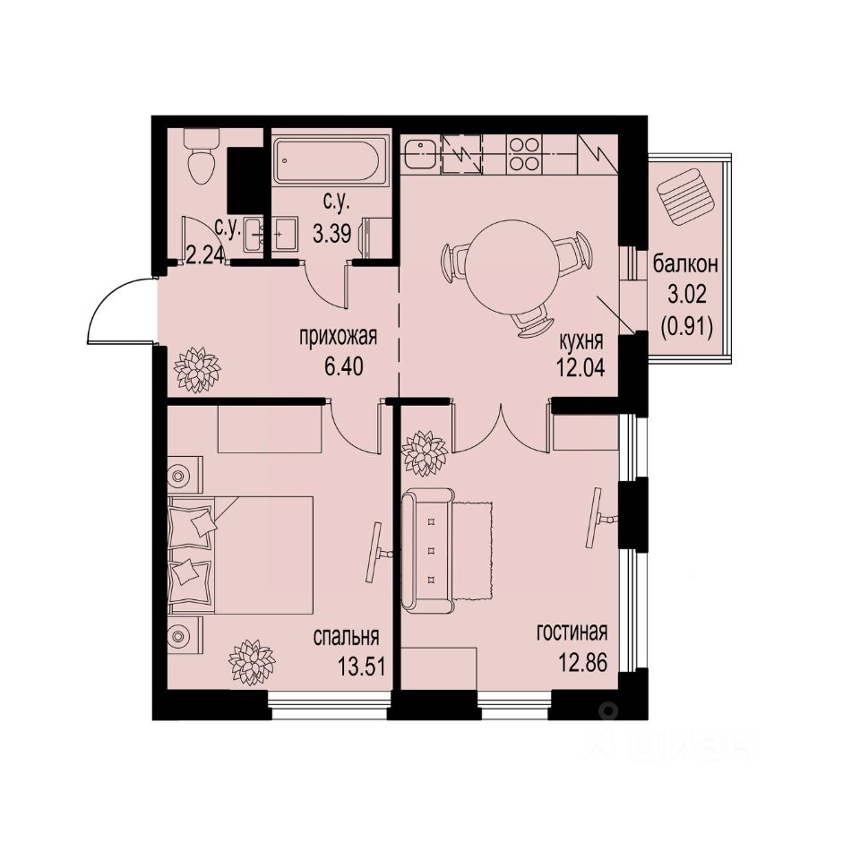 2-комн.кв., 51,4 м², 9/12 этаж