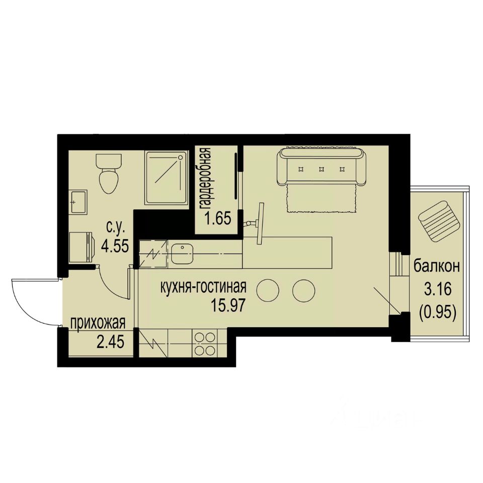 Студия, 25,6 м², 6/12 этаж