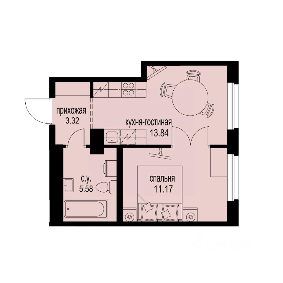 1-комн.кв., 33,9 м², 3/12 этаж