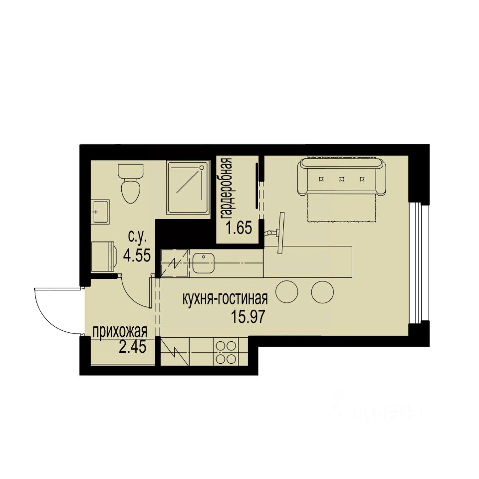 Студия, 24,6 м², 3/12 этаж