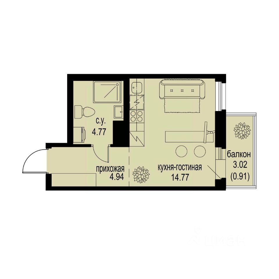 Студия, 25,4 м², 7/12 этаж