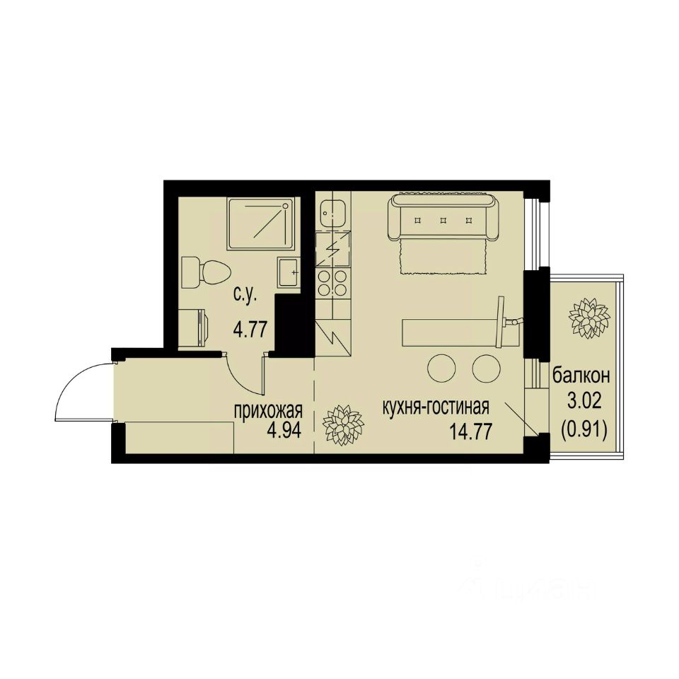 Студия, 25,4 м², 6/12 этаж