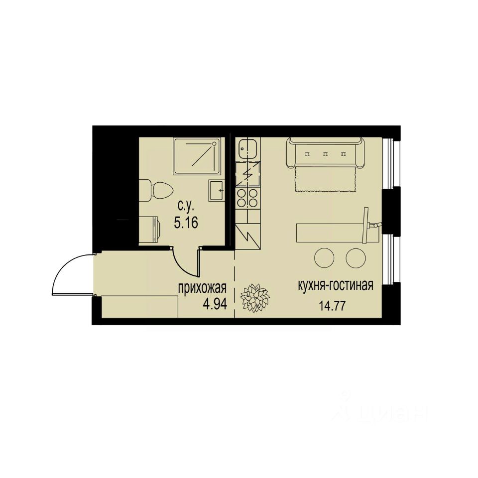 Студия, 24,9 м², 2/12 этаж