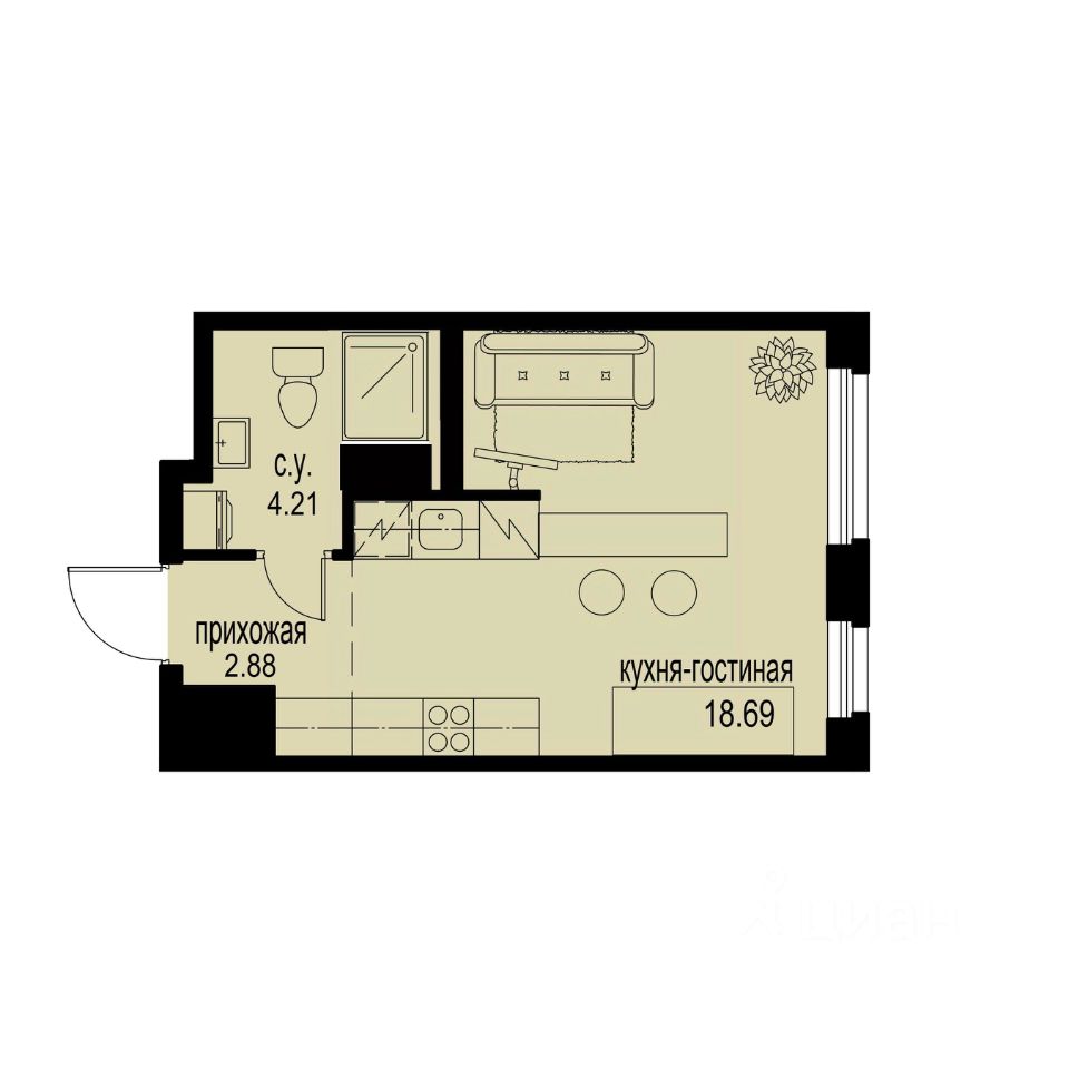 Студия, 25,8 м², 3/12 этаж