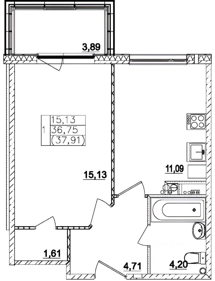 Планировка этой квартиры по данным Циан