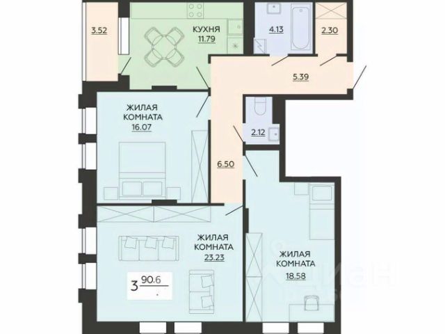 3-комн., 90,6 м², 12/21 этаж