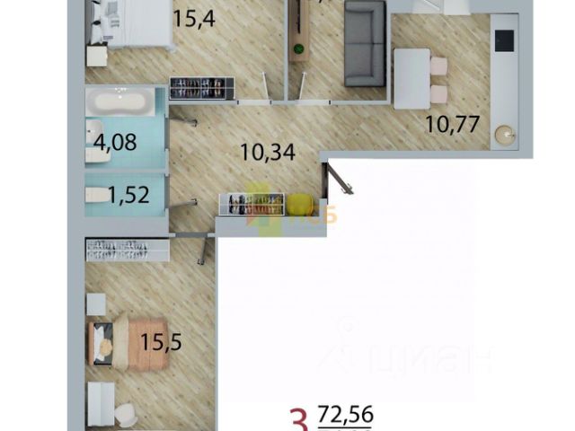 3-комн., 72,6 м², 2/10 этаж