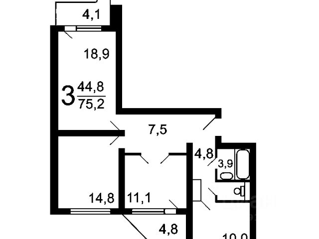 3-комн., 75 м², 9/14 этаж