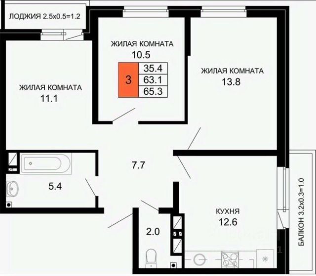 3-комн., 65,3 м², 14/16 этаж