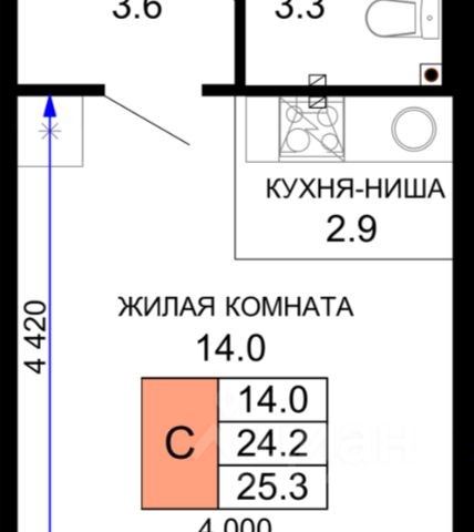 Студия, 24 м², 7/16 этаж