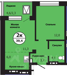 2-комн.кв., 39,5 м², 1/19 этаж