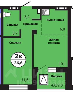 2-комн.кв., 36,6 м², 4/19 этаж