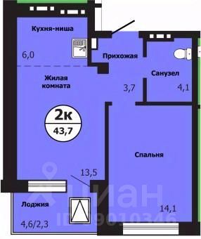 2-комн.кв., 43,7 м², 12/19 этаж