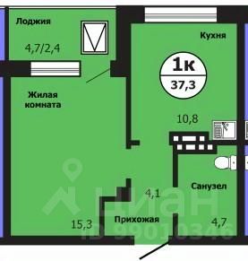 1-комн.кв., 37,3 м², 15/19 этаж