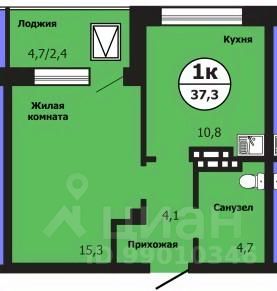 1-комн.кв., 37,3 м², 18/19 этаж