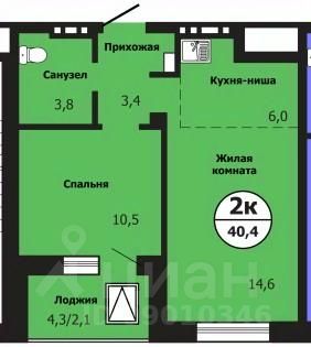 2-комн.кв., 40,4 м², 2/19 этаж