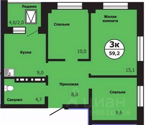3-комн.кв., 59,4 м², 2/19 этаж