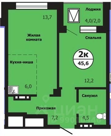 2-комн.кв., 45,8 м², 4/19 этаж