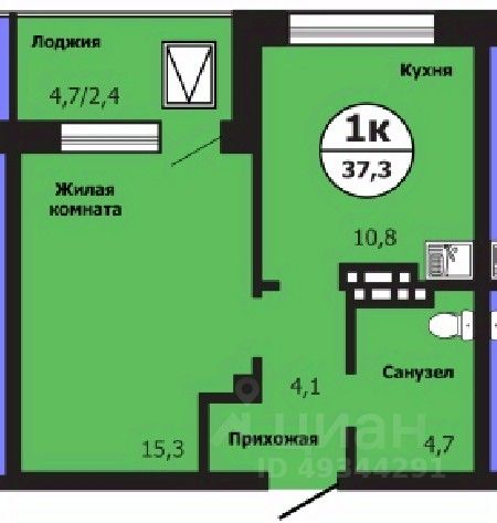 1-комн.кв., 37,3 м², 18/19 этаж