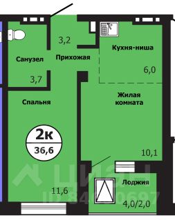 2-комн.кв., 36,6 м², 18/19 этаж