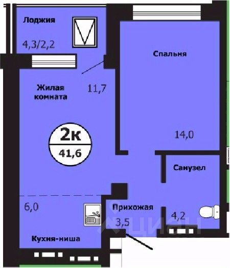 2-комн.кв., 41,6 м², 16/19 этаж