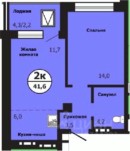 2-комн.кв., 41,6 м², 3/19 этаж