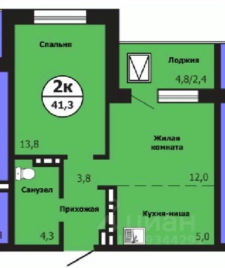 2-комн.кв., 41,5 м², 5/19 этаж