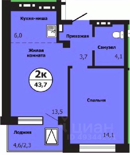 2-комн.кв., 43,7 м², 12/19 этаж