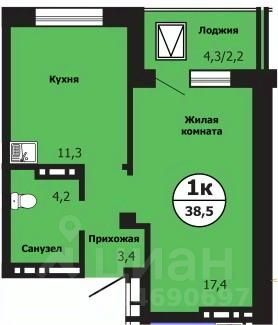 1-комн.кв., 38,5 м², 14/19 этаж