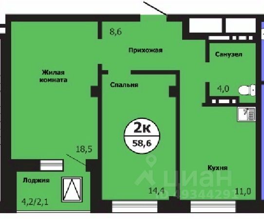 2-комн.кв., 58,5 м², 13/19 этаж