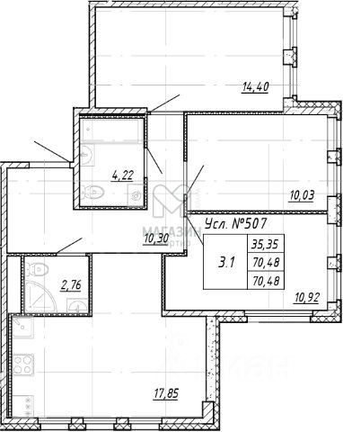 3-комн., 70,5 м², 2/17 этаж