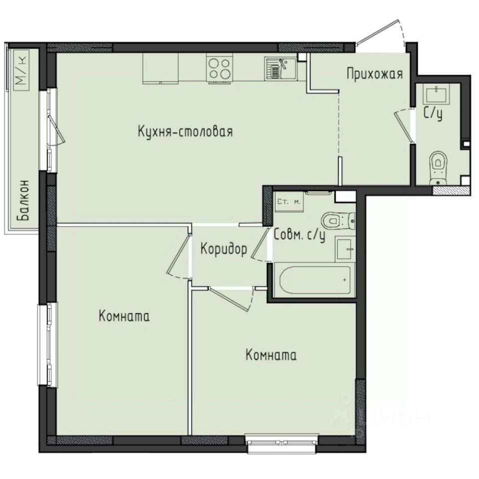 2-комн.кв., 55,9 м², 2/10 этаж