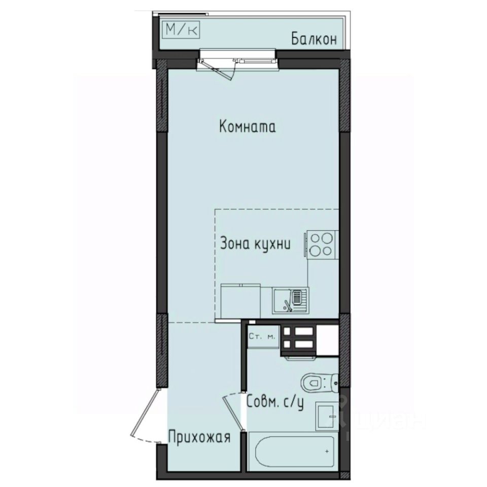 Студия, 24,3 м², 2/10 этаж