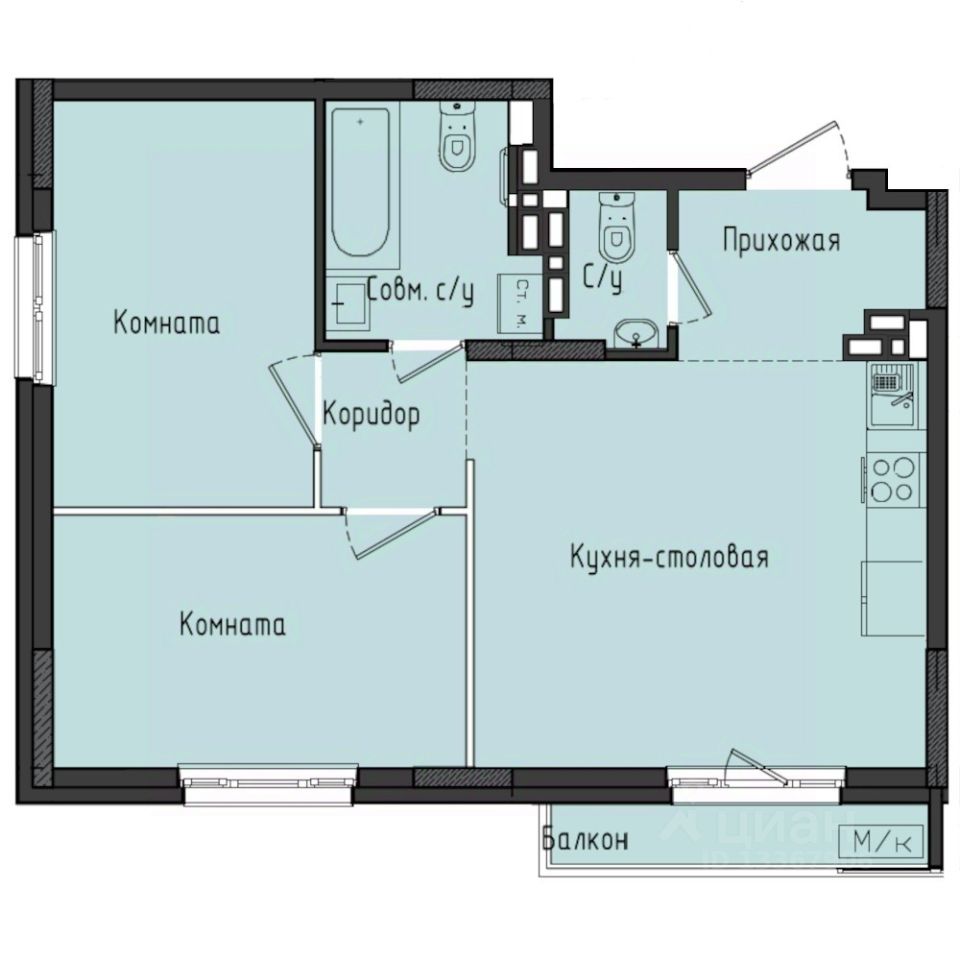 2-комн.кв., 53,6 м², 6/10 этаж