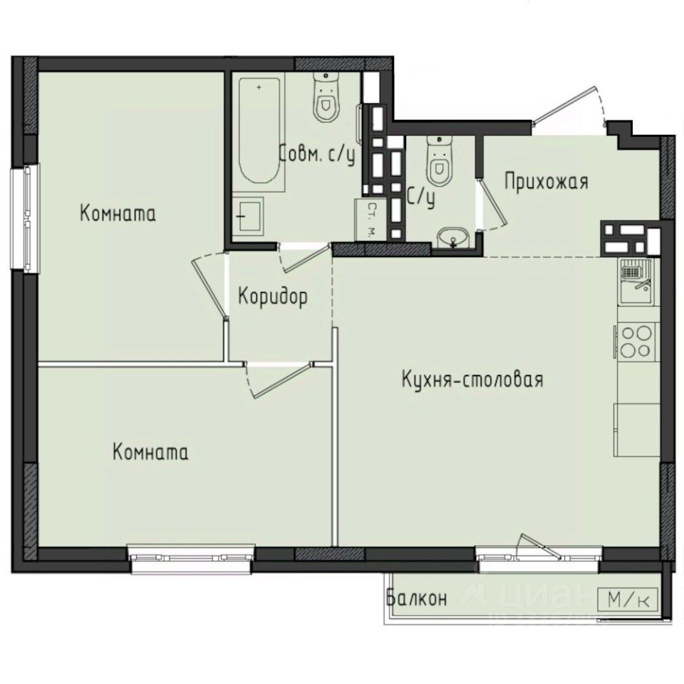 2-комн.кв., 53,4 м², 10/10 этаж