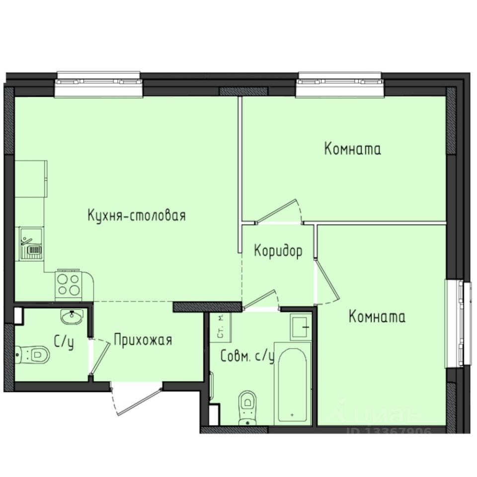 2-комн.кв., 53,9 м², 2/10 этаж