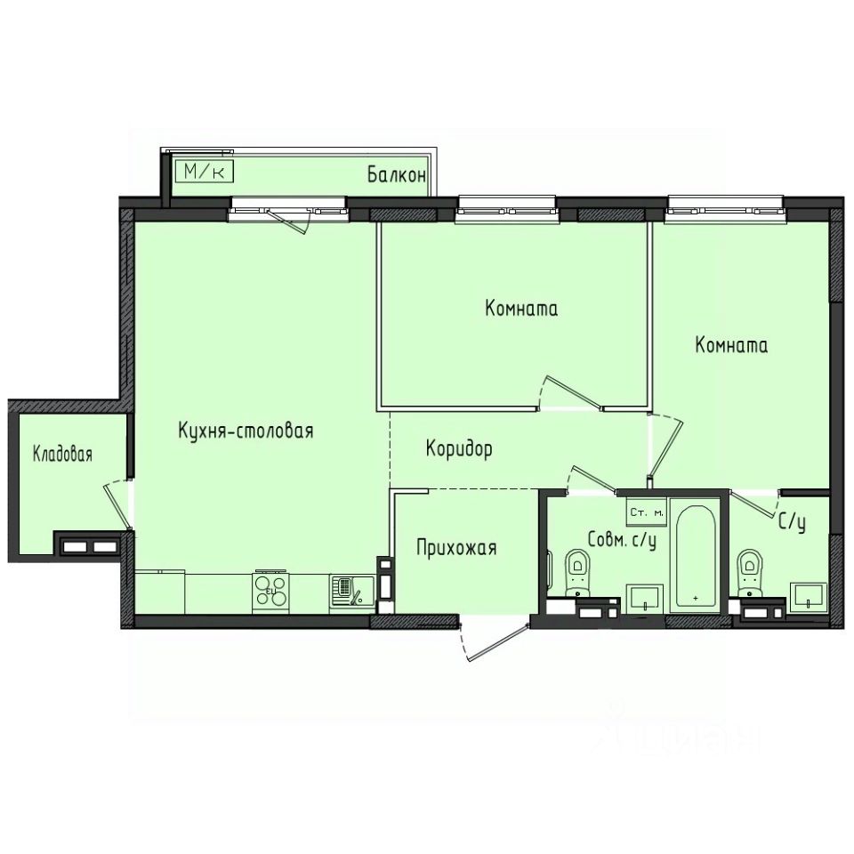 2-комн.кв., 61,5 м², 2/10 этаж