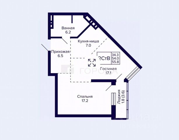 1-комн., 54,1 м², 22/30 этаж