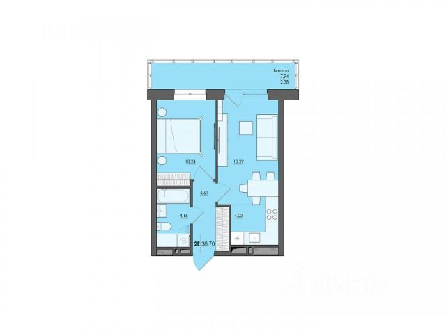 2-комн., 38,7 м², 9/25 этаж