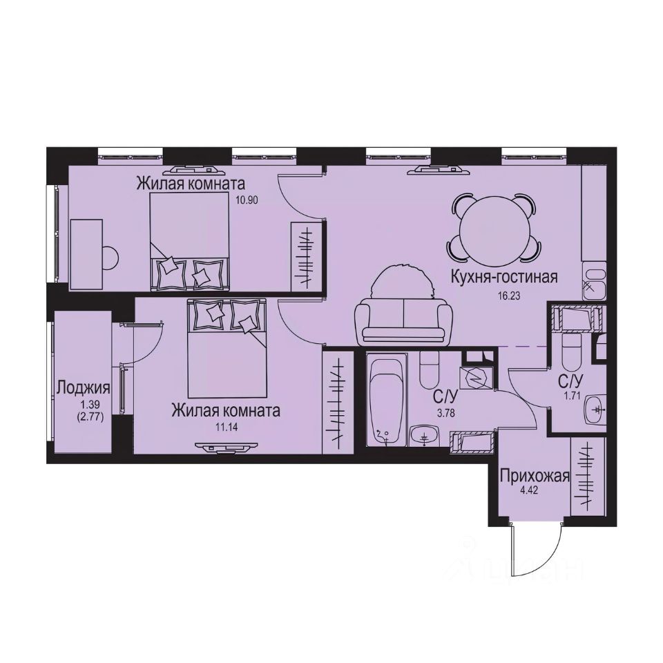 2-комн.кв., 49,6 м², 8/9 этаж